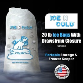 ICE N COLD Ice Bags with Drawstring Closure | 20lb, 100ct/cs | 50 mic Thickness | Portable Storage and Freezer Keeper