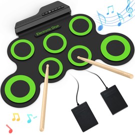 Rocktata® Electronic Drum Set, 7 Pad Roll-up Drum Kit with Headset Jack, Pedals, Drumsticks, Portable Kids Drum Set Practice Pad, Gift for Birthday Xmas Holiday, G3002 (No Built-in Speaker)