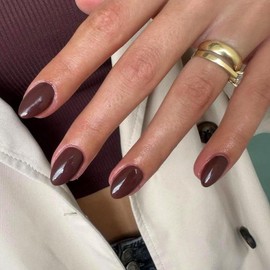 KQueenest Upgrade Thick Acrylic Fall Press on Nails Short Oval, Gel-Like Brown Nails Press on Round, Oval Fake Nails for Women Daily Wear, Natural Fit Glue on Nails Short Almond in 24 Pcs