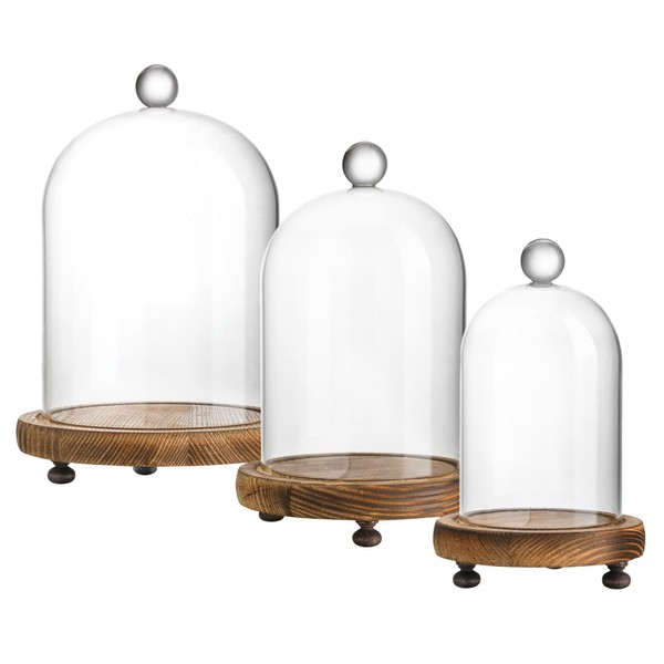 ZEERSHEE Set of 3 Glass Bell Shape Dome with Wooden