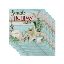 Coastal Christmas Cloth Napkins Set of 8, Seaside Holiday Wishes Xmas Beach Starfish Dinner Napkins Cloth Washable, Cocktail Napkins Reusable for Wedding, Party, Birthday (20"x20")