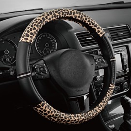Road Comforts Leopard Steering Wheel Cover - Made with PVC Leather Cheetah Print - Anti-Slip, Universal Fit 14 1/2 inches to 15 inches - Black