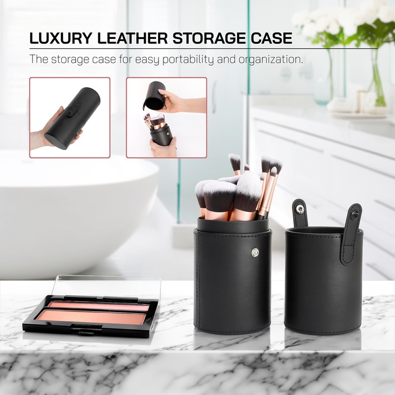Skybloom 14 Piece Premium Makeup Brush-Set with Leather Case, Black
