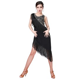ZX Women's Latin Salsa Tango Dress Sequin Asymmetry Fringe Dancing Dress Ballroom Costume with Shorts Tag XL, Black