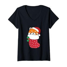 Womens Cute Red Pandas In Christmas Stockings For Christmas Red V-Neck T-Shirt