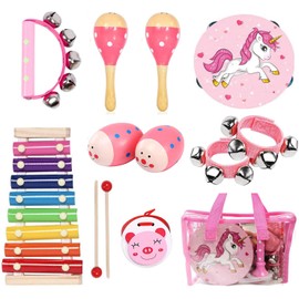 Kids Musical Instruments Sets, 12pcs Wooden Percussion Instruments Toys Tambourine Xylophone for Kids Playing Preschool Education, Early Learning Musical Toys for Boys Girls Gift (Pink)
