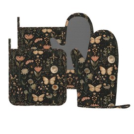 Oven Mitts Pot Holders Set Vintage Butterfly Moon Flower Silicone Kitchen Gloves Potholders Heat Resistant for Chef Baking Cooking Grilling BBQ 4 Pack Mitt