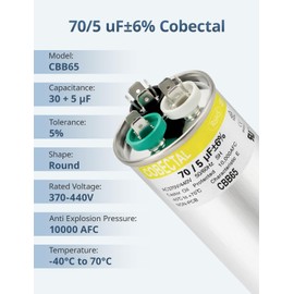 70/5 uF 70+5 MFD 370VAC/ 440 VAC Dual Run Start Round A/C Capacitor CBB65B Capacitor for AC Unit Fan Motor Start or Heat Pump or Condenser Straight Cool,Air Conditioner,HVAC Capacitor byCobectal
