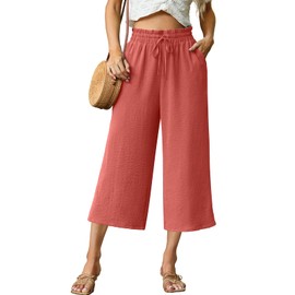 FREEOAK Wide Leg Capri Pants for Women Petite Length High Waist Drawstring Cropped Linen Palazzo Pants for Beach Orange Size Medium