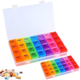 Senshuomy Medical Pill Box,A Weekly Pill Organiser for 7 Days,Designed for Pills to Be Taken 4 Times a Day,with Fish Oil/Vitamins in 7 Colours and 28 Compartments(2Pcs)