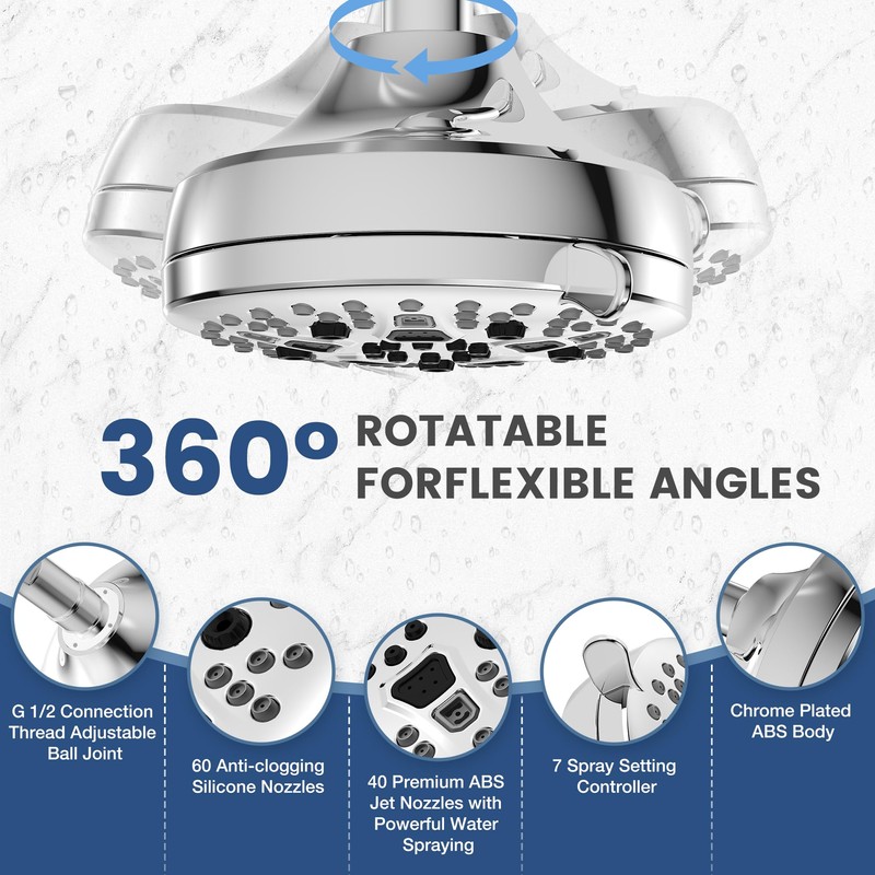 D DUSSAL Shower Head High Pressure 7-Spray Setting 4.7" High