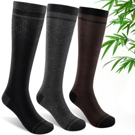 SONORAN Bamboo Viscose Compression Socks for Women & Men (3 Pairs) 15-20 mmHg Knee High Support for Nurses, Travel, Pregnant L/XL（Black&Gray&Dark Brown）