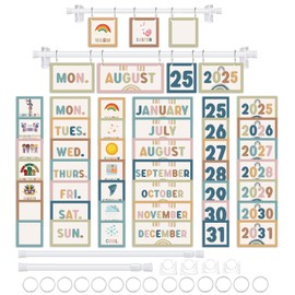 EggSun 96Pcs Boho Classroom Calendar Bulletin Board Set For Teacher,Modern Boho Flip Calendar With Holder For Back To School Decoration,Adjustable Calendar,Elementary Home Decor Supplies