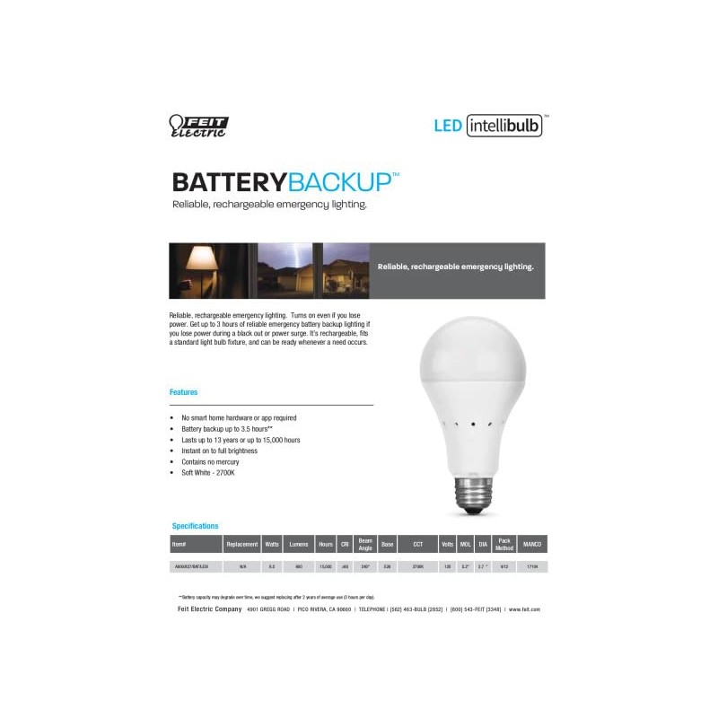 Feit Electric IntelliBulb – Battery Backup LED Bulb, Soft White