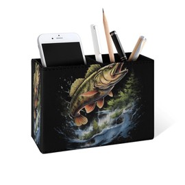 Famame Bass Fish Fishing Hunting Camping Pencil Holder for Desk, Leather Desktop Container Pen Cup Storage Study Table Pen Organizer Makeup Brush Holder for Classroom Office Home