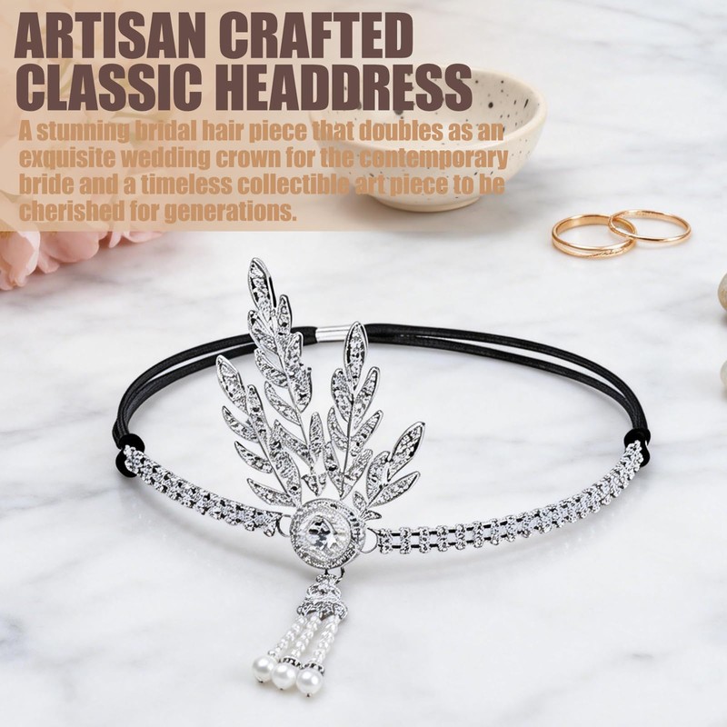 1920s Flapper Headband Silver Rhinestone Leaf Headpiece with Pearl Tassel