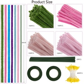 VOKABY 400 PCS Pfeifenputzer Zum Basteln,4 Farben Pfeifenreiniger,400 PCS Staubblätter,20 PCS Blumendraht,für Dekoration und Geschenk (Rosa)