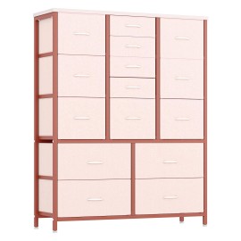 Jojoka Chest of 15 Drawers Dresser for Bedroom Wood Top Storage Organizer Cabinet White - Pink