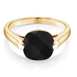 Gem Stone King 18K Yellow Gold Plated Silver Black Onyx Ring For Women (3.60 Cttw, Cushion Checkerboard 10MM, Gemstone Birthstone, Available In Size 5, 6, 7, 8, 9)
