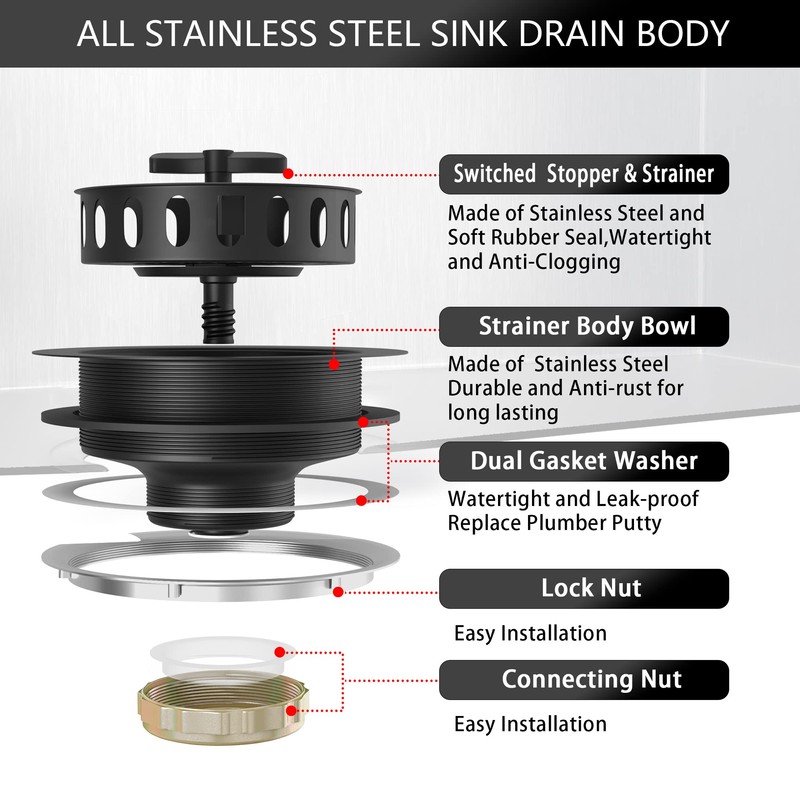 EXAKEY Black Sink Drain 3-1/2 Inch Kitchen Sink Drain Strainer