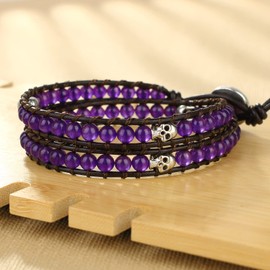 KELITCH Skull Purple Jasper Beads Bracelet for Women Braided Black Leather Bracelets Punk Cuff Bracelets
