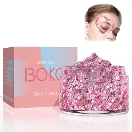 Boko 50ML Body Glitter Gel, Sparkle Chunky Glitter Gel for Face Hair Body Love Heart Makeup, Cosmetic Face Glitter Sequins for Festival Concert Party Valentines Rave Accessories - Pink Heart