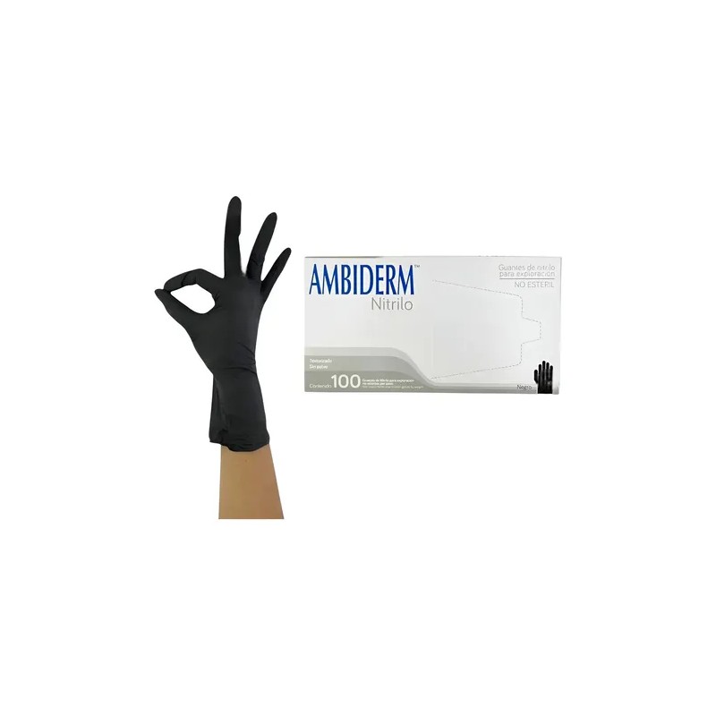 Guantes Descartables Antideslizantes Ambiderm Nitrilo Color Negro Talle Extra Chica