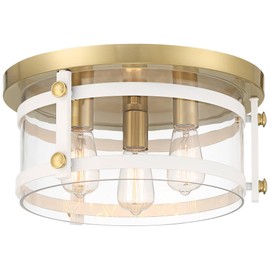 Franklin Iron Works Davis Modern Industrial Ceiling Light Flush-Mount Fixture 15 1/2" Wide Gold White 3-Light LED Clear Glass Shade for Bedroom Kitchen Living Room Hallway Bathroom House Home