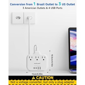 Brazil Power Adapter with 5FT Extension Cord, meta-ant US to Brazil Travel Plug with 3 American Outlets and 4 USB Charger Port(2 USB C), Type N Adapto