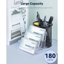 Uniclife 4 Pack Acrylic Business Card Holder for Desk 3 Slots Clear Business Card Display Stand for Men & Women Desktop Business Card Organizer Card Stand for Office Home Exhibition, 180 Card Capacity