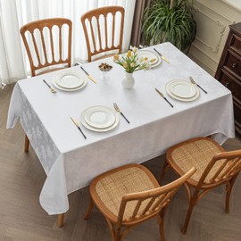 Romanstile Jacquard Rectangle Tablecloth, Waterproof Elegant Damask Rose Pattern Table Cloth, Washable Decorative Floral Polyester Table Cover for Kitchen/Dining/Parties - White, 52 x 70 Inch