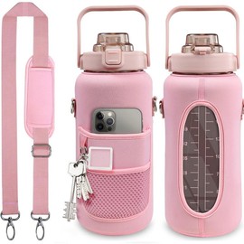64oz half gallon sports water bottle: with straw and time mark, leak proof design, suitable for gym use - Color: Pink