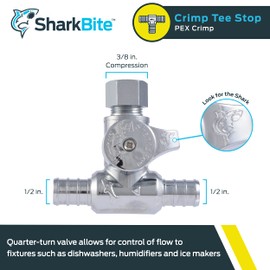 SharkBite 1/2 x 1/2 x 3/8 Inch OD Compression Crimp Tee Stop, Quarter Turn, Brass Plumbing Fitting, PEX Pipe, PE-RT, UC24984Z
