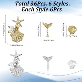 CRASPIRE 36Pcs Summer Beach Nail Art Charms Alloy Mermaid Silver Gold Rhinestones Nails Fish Tail Conch Pearl Shell Studs Accessories Crafts for Women DIY Designs Rivets Supplies Manicure Decoration