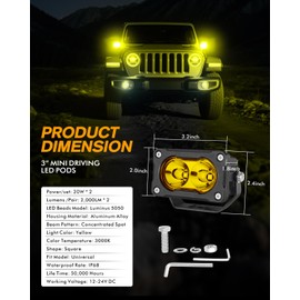 Roador Yellow LED Pods 3 Inch 40W Spot Offroad Driving Light Pods Yellow Bumper Fog lights Waterproof Amber Mini LED Pod Light 2PCS for Truck Motorcycle UTV ATV Boat