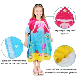 Kato Tirrinia Kids Hooded Poncho Towels, Mermaid Beach Swim Towel for 2 to 7 Years Girls, 100% Cotton Water Absorption Sand Proof Poncho Changing Robe