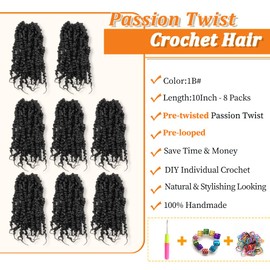 Passion Twist Crochet Hair 10 Inch 8 Packs Pre-twisted Passion Twist Crochet Hair Pre-looped Short Passion Twist Hair Bohemian Synthetic Hair Crochet Braids Hair Extension (10 Inch (Pack of 8), 1B#)