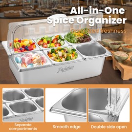 Countertop Ice Food Serving Display Container, Spice Display Salad Dressing Cooler, Stainless Steel Food Serving Tray Buffet Condiment Dispenser with Clear Roll Top Cover, Clamps, Spoons, Ice Box