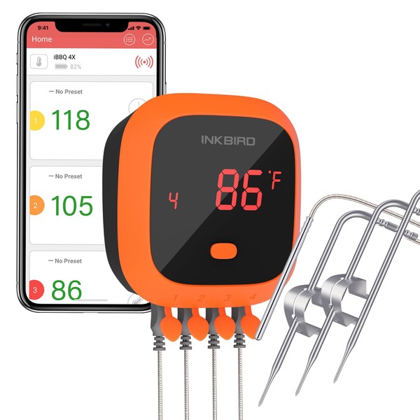 Inkbird IBT-4XC Waterproof Bluetooth BBQ Thermometer with Rechargeable Alarm Meat Thermometer for Kitchen Outdoor Cooking Smoker Oven Grill BBQ Smoker Thermometer Food Digital Thermometer
