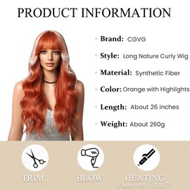 CGVG Natural Orange with Highlight Wig Long Curly Wavy Wig with Fringe Women's Natural Synthetic Heat Resistant Wig for Party Daily Wear Fancy Dress (Orange with Highlight)