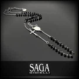 SAGA GIOIELLI® Unisex Rosenkranz Halskette mit schwarzen Kristallen aus Stahl