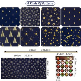 Larcenciel Christmas Wrapping Paper Rolls w/Santa Claus Sticker & Ribbon, 8 Sheets Blue Xmas Wrapping Paper, Gift Wrapping Paper Christmas Bundle, Starry Snowflake for Hanukkah, Birthday,39.3x16.9inch