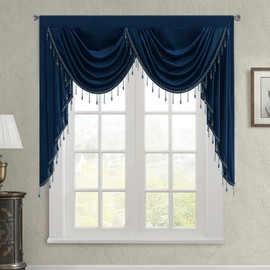 StangH Navy Blue Velvet Curtain Valances for Home Decoration, Luxury Waterfall Swag Valances with Beads for Bedroom Living Dining Room Office Theater, W59 inches, 1 Panel