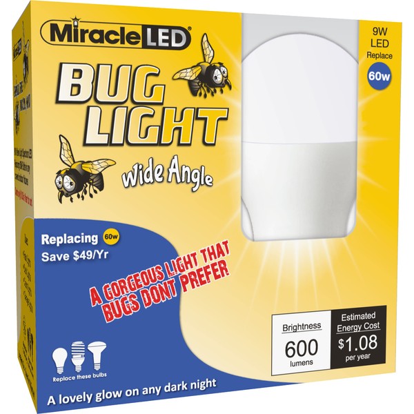 MiracleLED 604621 Wide Angle LED Bug Light, Amber Yellow, 9W Replacing 60W, 2 Count (Pack of 1)