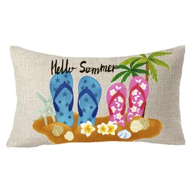 FELENIW Hello Summer Coconut Tree Flip Flop Beach Shell Starfish Happy Holiday Throw Pillow Cover Cushion Case Cotton Linen Material Decorative Lumbar 12X20 inches