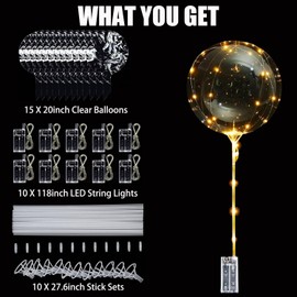 Hokoad LED Balloons Light Up Balloons, 10 Pack LED Balloons with Sticks, 20 Inch Clear Bobo Balloons with Lights Helium Glow Bubble Balloons Lights for Party Supplies Valentines Decor (Warm)