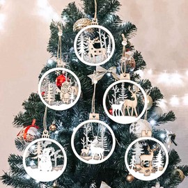 12Pcs White Christmas Tree Ornaments for Winter Wonderland Decorations, 3D Wood Farmhouse Christmas Rustic Ornaments, Wooden Glitter Reindeer Santa Claus Snowman Christmas Tree Decorations