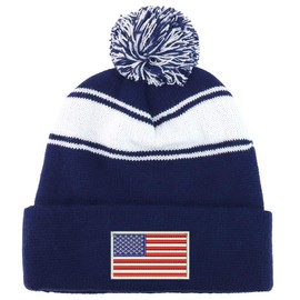 Trendy Apparel Shop White American Flag Two Tone Pom Striped Long Beanie Hat - Navy White