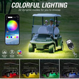 Golf Cart LED Lighting Strips Kit, 16 Color RGB LED Lighting Strips for Extended EZGO Club Car Yamaha, 9-12V Led Strip Kit with 22 Lighting Modes and Music Mic Sync (12PCS)