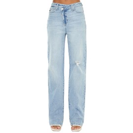 Kan Can Women's Distressed High Waist Straight Jeans (US, Numeric, 9, Regular, Regular, Blue)